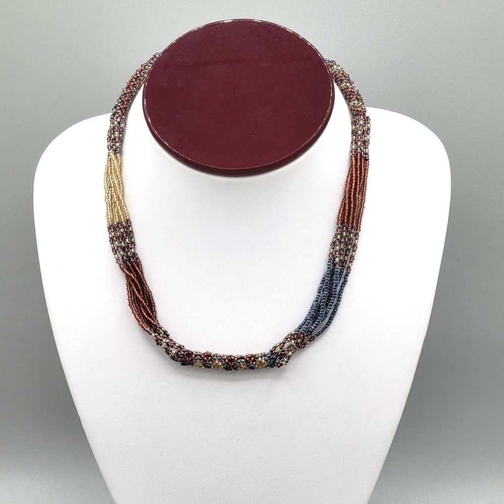 Handcrafted Multi Strand Seed Bead Boho Necklace Brown Gold 16 in Button Close